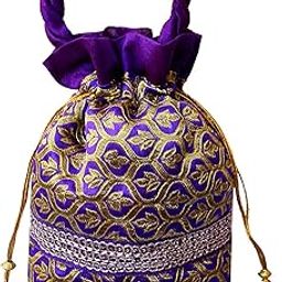 Women's Brocade Potli Bag/Hand Purse/Clutch/Batwa with Flower Design Work (Purple)-5