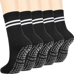 5 Pairs Grip Pilates Socks for Women, Non Slip Yoga Athletic Long Crew Socks for Barre Ballet Gym Workout-image-39