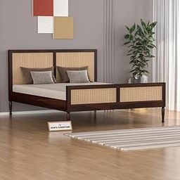 Dews Furniture Wooden Queen Size Bed for Bedroom - Wooden Double Bed Without Storage - Platform Cot Beds with Rattan Headboard & Bottom - Sheesham Wood Cane Bed | 5.25 x 6.75 Size Bed (Walnut Finish)-image-100