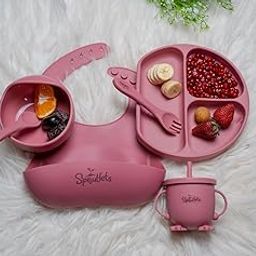 Sproutlets Silicone Feeding Set, 6-Piece Baby Led Weaning Set - Suction Plate, Bear Bowl, Cup, Spoon, Fork and Bib - BPA Free (Wine Red)-image-46