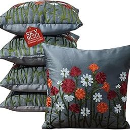 Sky Buzz Velvet Cushion Cover Set of 5 – 16x16 Inch Floral Embroidered Throw Pillow Cases for Sofa, Bedroom & Living Room (Grey & Maroon)-image-31