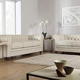 Star Crafts Leatherette Chesterfield Sofa Set 2 Pieces 3+2= 5 Seat Sofa Roll Arm Classic Chesterfield Sofa Set Pillows Included (5- to 6-Person Sofa, White)-image-7