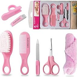 Majestique Baby Grooming Set - Baby Hair Brush, Comb, Nail Clipper, Nail File and Soft Baby Towel, Baby Products for New Born Baby Gifts Toddlers Infant Girl Boys Keep Clean (7 in 1 Pink)-87