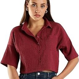 Women's Casual Solid Textured Crop Shirt -Boxy Fit | Half Sleeves Drop Shoulder | Tops for Jeans |Relaxed Fit | Loose Fit | Crop Top-image-4