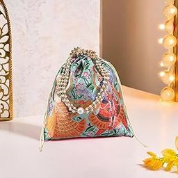 8x9 Inch Potli Bag For Women & Girls With Pearl Handles | Gifting Handbag/Purse - Ideal For Party, Wedding & Events | Radha Krishna Print - Green-image-21