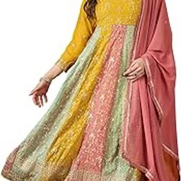 Women's Yellow Faux Georgette Stitched Top with Dupatta Full Sleeve Embroidered Anarkali Gown (MER-1183)-26