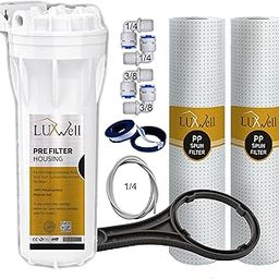 LUXWELL Pre Filter Housing/Bowl (White) Complete Kit for Water Purifier and RO - Free 2 Spun/PP Filter, Elbow(2), Pipe, Spanner Key, Teflon Tape Compatible with Livpure etc. RO and Water Purifiers-8