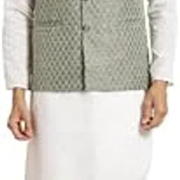 sojanya (Since 1958 Men's Pure Cotton White Chikankari Kurta & Silk Blend Nehrujacket with White Churidar Pyjama-picture-48