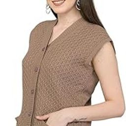 Women's Woolen Sleeveless Self Design Cardigan - Daffodil Fabric Winter Wear Pure Wool - 100% Daffodil - Free Size Cotty - Fully Warm with Front Pockets (XXXXL, Dark Walnut)-15
