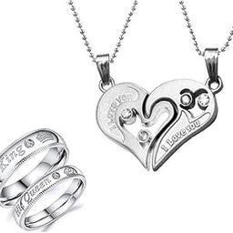 Valentine Day Gift Broken Heart Couple Pendant With Her King His Queen Ring Combo Set Silver Stainless Steel For Men And Women-picture-16