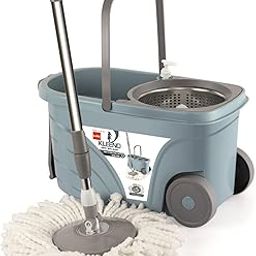 Kleeno by Cello Max Clean Deluxe Stainless Steel Wringer Spin Mop Set with Big Wheel and Puller Handle, Grey | Floor Cleaning Bucket and Mop | Water Drainer | 360° Flexible Mop with Liquid Dispenser-image-0