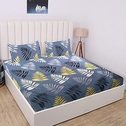 RD TREND® 360° Fitted Bedsheets Double Size 72x60x8 Inch, Elastic Bedsheets for Queen Size Bed with 2 Pillow Covers-18x28 Inch (Grey Leaves)-28