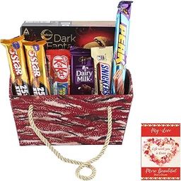 SFU E Com Premium Handle Basket With Chocolates | Valentine Chocolate With Love Greeting Card | Valentine Chocolate Hamper | 784-76