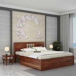 WOODNETIC Solid Sheesham Wood King Size Bed with 2 Drawer Storage in Rajasthani Traditional Tile Design for Bedroom (Honey)-image-17