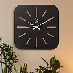 REGIIS OPERA Engineered Wood Square Shape Wall Clock with Metallic Hands & Silent Quartz Movement | Wooden Anti Reflection Analog Vintage Clock for Bedroom Home and Office (Black, 15.5 x 15.5 inch)-1