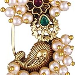 Vighnaharta Gold Plated Pearls (Moti) mayur Pankh Peacock Alloy Maharashtrian Cultural Nath Nathiya./ Nose Pin for women[VFJ1288NTH-PRESS-20