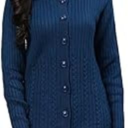 Women Blue Sapphire Acrylic Solid Yarn Dyed Straight Long Coat-image-2