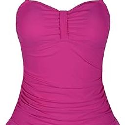 Women's 50's Retro Ruched Tankini Swimsuit Top with Ruffle Hem Rose Red 8-image-99
