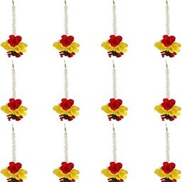 Plus Ethnics Flower Red and Yellow Fabric Along with Pearls Brass Maang Tikka for Women,Pack of 12 ; MangTika Set for Wedding | Baby Shower | Shaadi| Haldi | Mehandi.-image-52