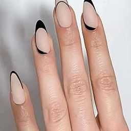 Secret Lives Reusable Artifical Fake False Press on Nails Translucent Matte Nude Color with Black Curve Design Long Lasting 24 PCS Set with Kit-17