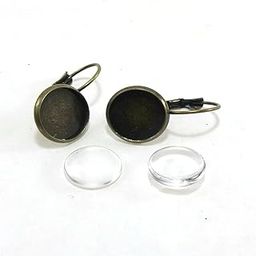 Brass Lever Back Hoop Earring Components, Flat Round, Antique Bronze, with clear Glass cabochon 2 pieces per set-picture-34