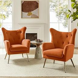 The Sofa Studio - Modern Chasterfield Velvet Arm Chair Set of 2 Button Tufted Wing Chair with Golden Matel Legs for Living Room, Bedroom, Dressing Room (Orange, Set of 2)-image-33