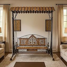 UNIQUE WOOD ART Solid Wood & Iron Swing with Canopy, Traditional Carved Design, Jhoola Indoor Indian Swing for Adults Hammock Jhula, Cradle for Living Room Home Garden, Balcony 2 Seater (Brown,Black)-0
