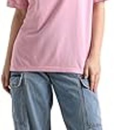 Solid Plain Half Sleeves Round Neck Drop Shoulder Loose Fit Oversized T-Shirt for Women-image-50