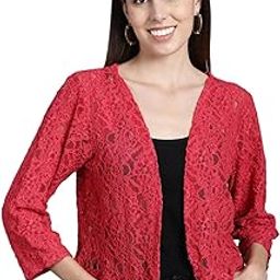 Women Front Open Self Designed 3/4th Sleeves Lace Shrug (Red, M)-picture-22
