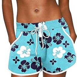 Womens Summer Elastic Waistband Beach Short with Drawstring Sports Causal Boardshort Navy Floral XL-image-48