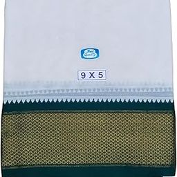 Traditional Mens Pure Cotton 16 Mayilkan Dhoti with Angavashtram, 9x5 Size, Green & Maroon-Gold Zari Border, Cream Off White Colour, 4 Metres Dhoti with 2.25 Metres Angavashtram,9+5 Panchakecham-13