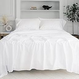 Bed Sheets 3 PC - 1 Flat Sheet and 2 Pillow Cover, 100% Egyptian Cotton 400 Thread Count, Cotton Luxury Sheets for Bed, Breathable, White Solid - Single Size-image-10