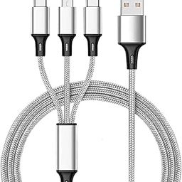 Unbreakable 1.2 Mtr 3 in 1 Multi Car Charger Cable for Fast Charging/Multi Pin USB Charging Cable Compatible for Car, iPhone, iPad, Samsung, Grey-24