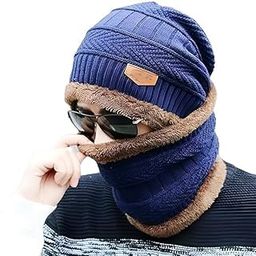 Woolen Hat Cap,Woolen Neck Warmer Scarf Men & Women Winter Woolen Cap Hat Woolen Neck Warmer Scarf Set for Men & Women Velvet Neck Scarf Free Size Blue-image-70