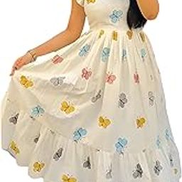 Women's Butterfly Print Cotton Midi Dress, Square Neck, Sleeveless, Off White Cotton Flared Style with Multicolour Pattern, A-Line Fit-picture-12