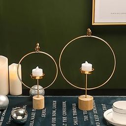 ACCENT COLLECTION Set of 2 Large and Small Tealight Candle Holder Bird Design, Circular Gold Metal Body with Wooden Block Base, Home Decor Set of 2 (S L)-image-3