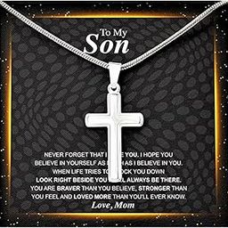 925 Sterling Silver Gift Son Necklace, To Son Necklace From Mom Believe Brave Strong Love, Cross Necklaces For Men Boys Kid-image-64