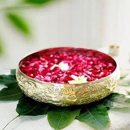 BEHOMA Classic Golden Aluminium Chitai Design 10 inches Urli Indoor Outdoor Center Table Flower Decorative Bowl for Home Décor, Urali for Haldi, Mehandi, Wedding and Holi Decor, 1 Pc, 1000 ML-3