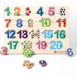 Play Nation Premium 26 Pieces Wooden Number Board Knob and Peg Puzzle for Kids, Numbers Counting Board Game,123 Puzzle Preschool Montessori Educational & Learning Toy, Brain Development, 18+ Months-24