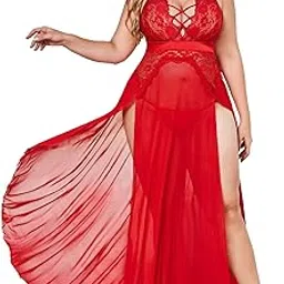 softwrap Plus Size Lingerie Babydoll Chemise Lace Split Long Maxi Dress Nightgowns for Women Sleepwear-picture-37