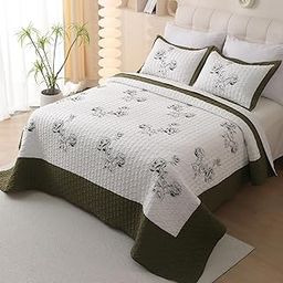 Cmfshape Green Rose Floral Bedspread Coverlet Set,3-Piece Quilt Set Full/Queen Size,Soft Microfiber Inner Fill Bedding,Reversible Bed Cover for All Season(Queen92 x96,White)-image-12