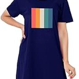 Color Blocks Graphic Printed Long T Shirt Cotton Round Neck Knee Length Night Dress for Women-image-75