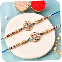 Evil Eye Rakhi for Brother, Rakhi Set of 2, rakhi for Bhaiya Boy Men, Designer Bracelet for Rakshabandhan, Evil Eye Rakshasutra for Men Bhai Protection Thread with best wishes card tilakk set-9