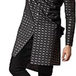 Men's Kurta Sherwani Churidar Set Indo-Western, Black Jacquard, Woven Design Long Sleeves Regular Fit Mandarin Collar-image-70