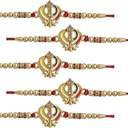 Brass Ik Onkar Punjabi Combo of 5 Rakhi with Roli Chaval and Greeting Card on Rakhi for Brother (Golden) MJ212-image-100