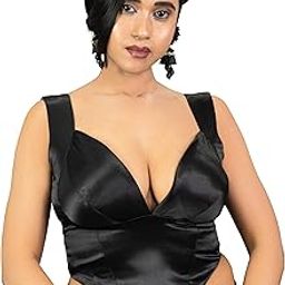 Women's Sweetheart Neck Satin Deep V Neck Readymade Corset Saree Blouse C1-image-4