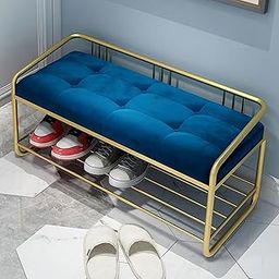 FLIPSSHOPPEE Ottoman Bench, Velvet-Covered Wrought Iron Shoe Rack Space-Saving, Metal Ottoman Rack with Cushioned Seat for Entryway, Bedroom, Closet, and Living Room [Blue]-image-66