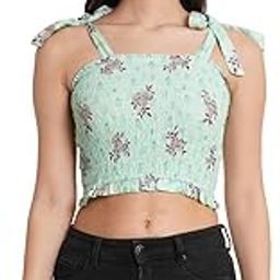 IX Impression Women Green & Maroon Printed Shoulder Strap Smocked Crop Top-image-35