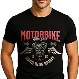 Slim Fit Black Crew Neck T-Shirt with Bio-Washed Cotton & Motorbike Rider Club Winged Engine Graphic Print-image-4