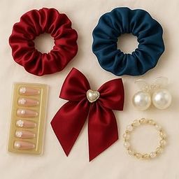 10Styl Rakhi Gift Hamper for Women & Girls – 2 Handmade Satin Scrunchies, 1 Random Press-On Nail Set (24 Pcs), 1 Pearl Claw Clip, 1 Bracelet, 1 Rakhi Card – 6-Piece Multicolor Combo-image-47